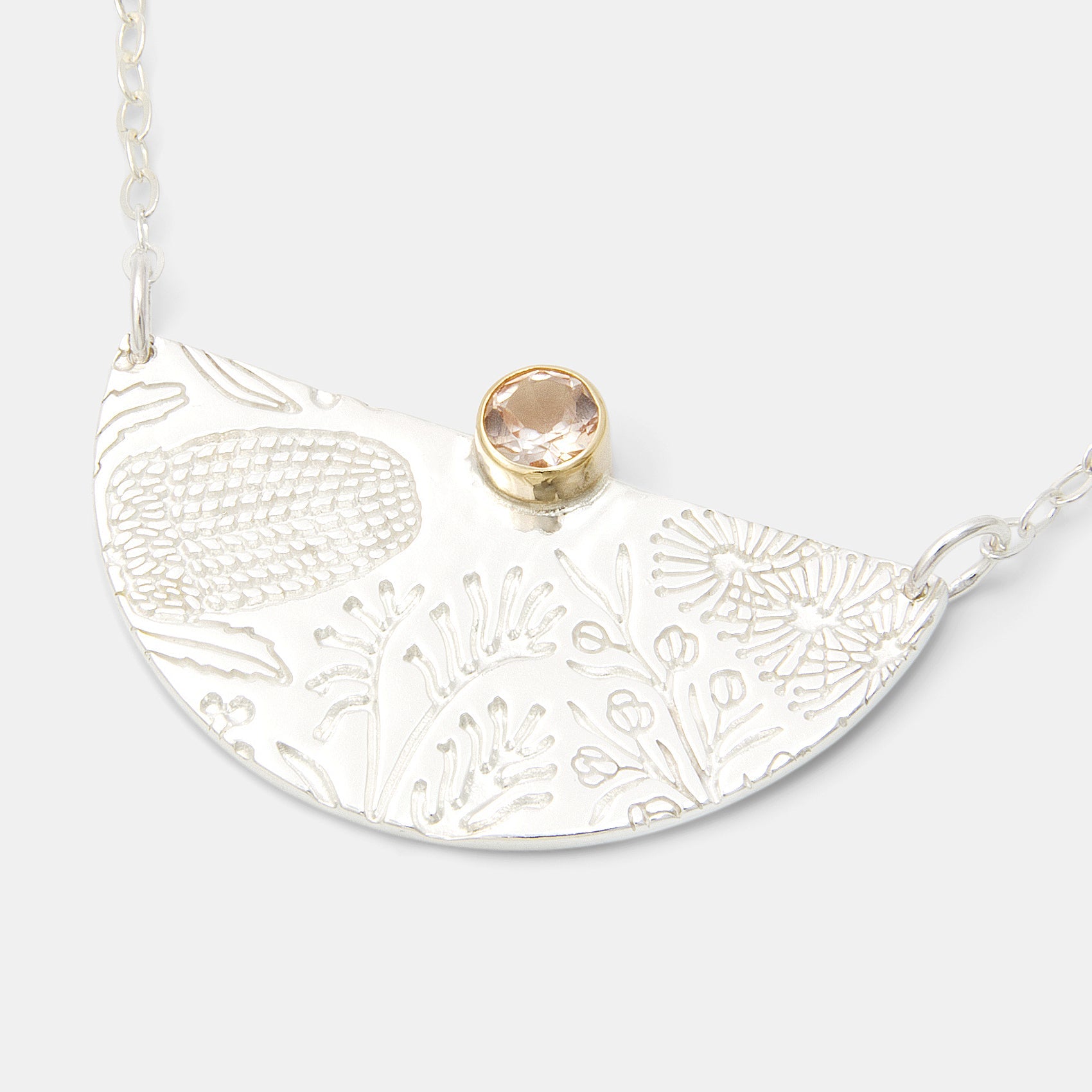 Australian Flora Pattern & Morganite Pendant Necklace