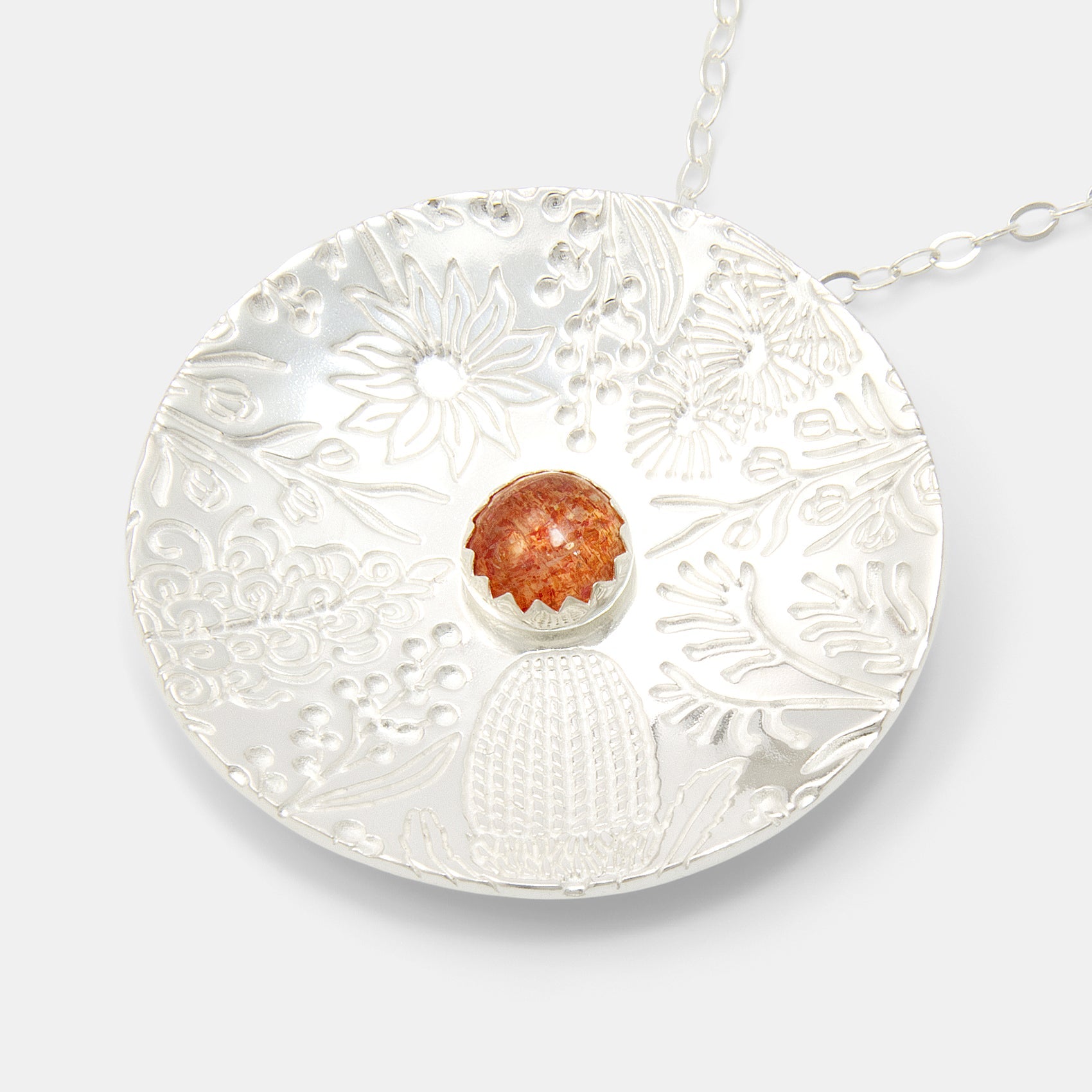 Australian Flora Pattern & Sunstone Pendant Necklace