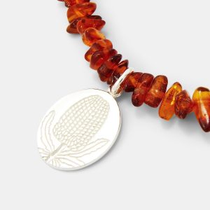 Banksia Oval Pendant on Amber Beaded Necklace