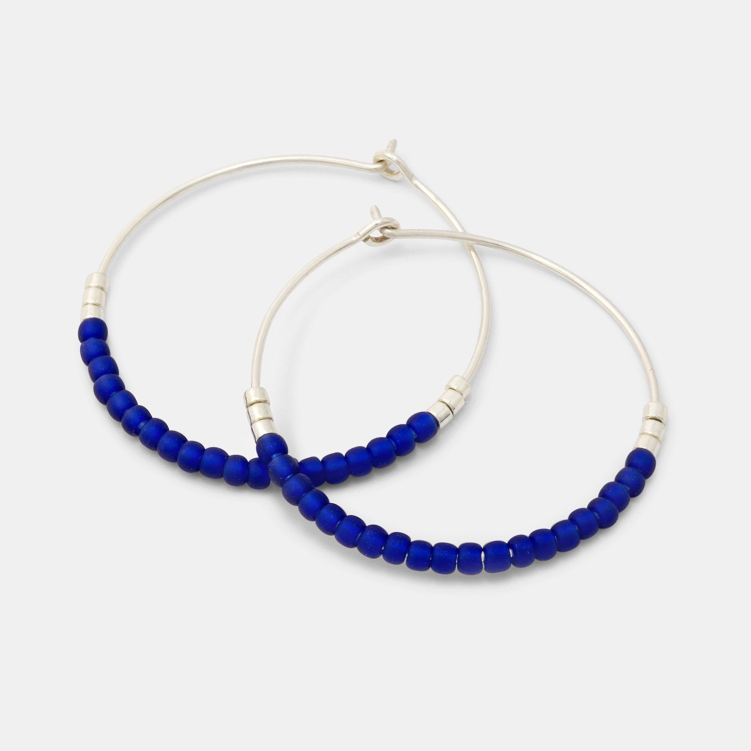 Beaded Silver Hoop Earrings: Blue & Silver