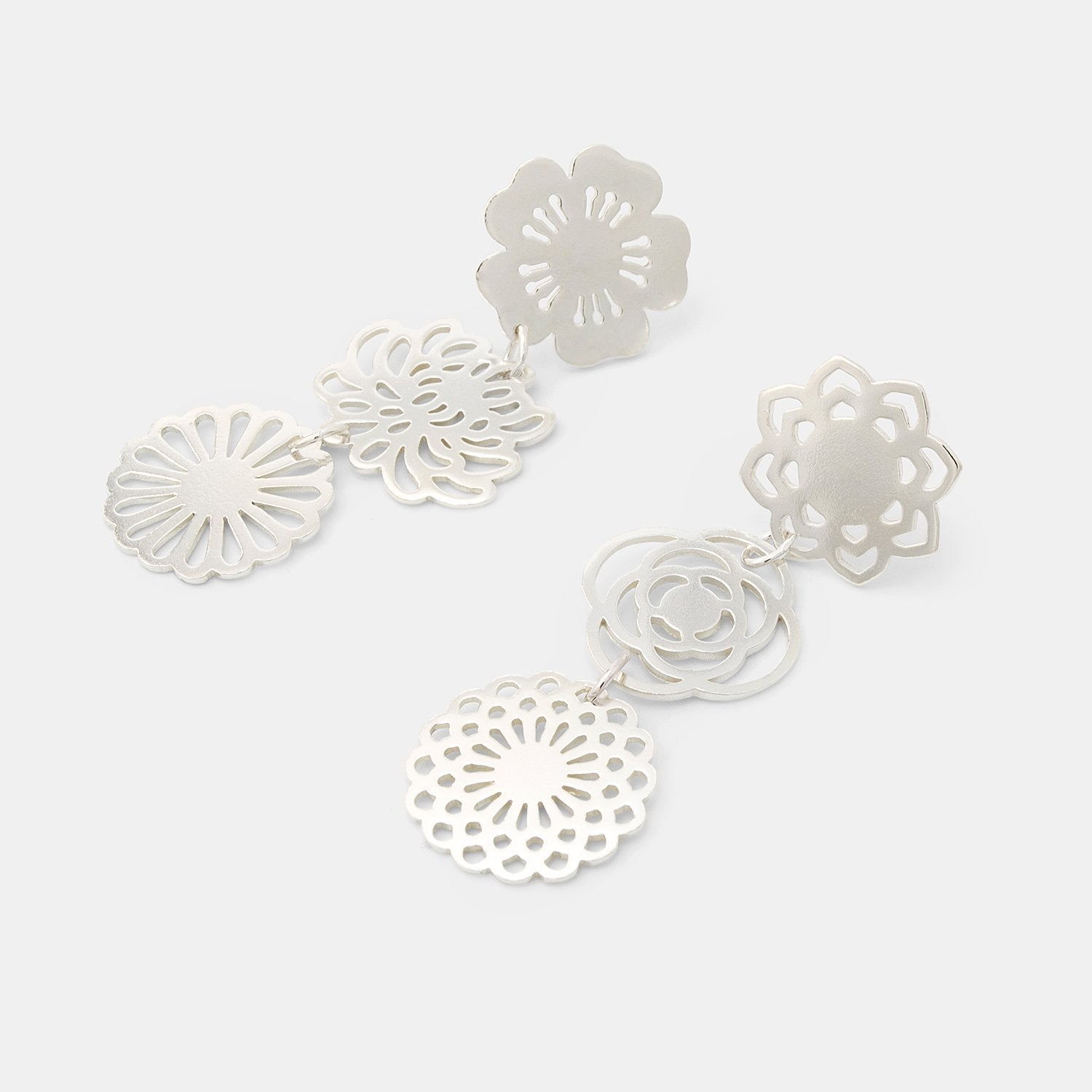 Bouquet Floral Silver Dangle Earrings