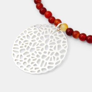 Coral Pattern Pendant on Red Agate Beaded Necklace
