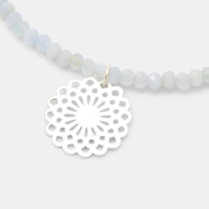 Dahlia Silver Pendant on Aquamarine Beaded Necklace