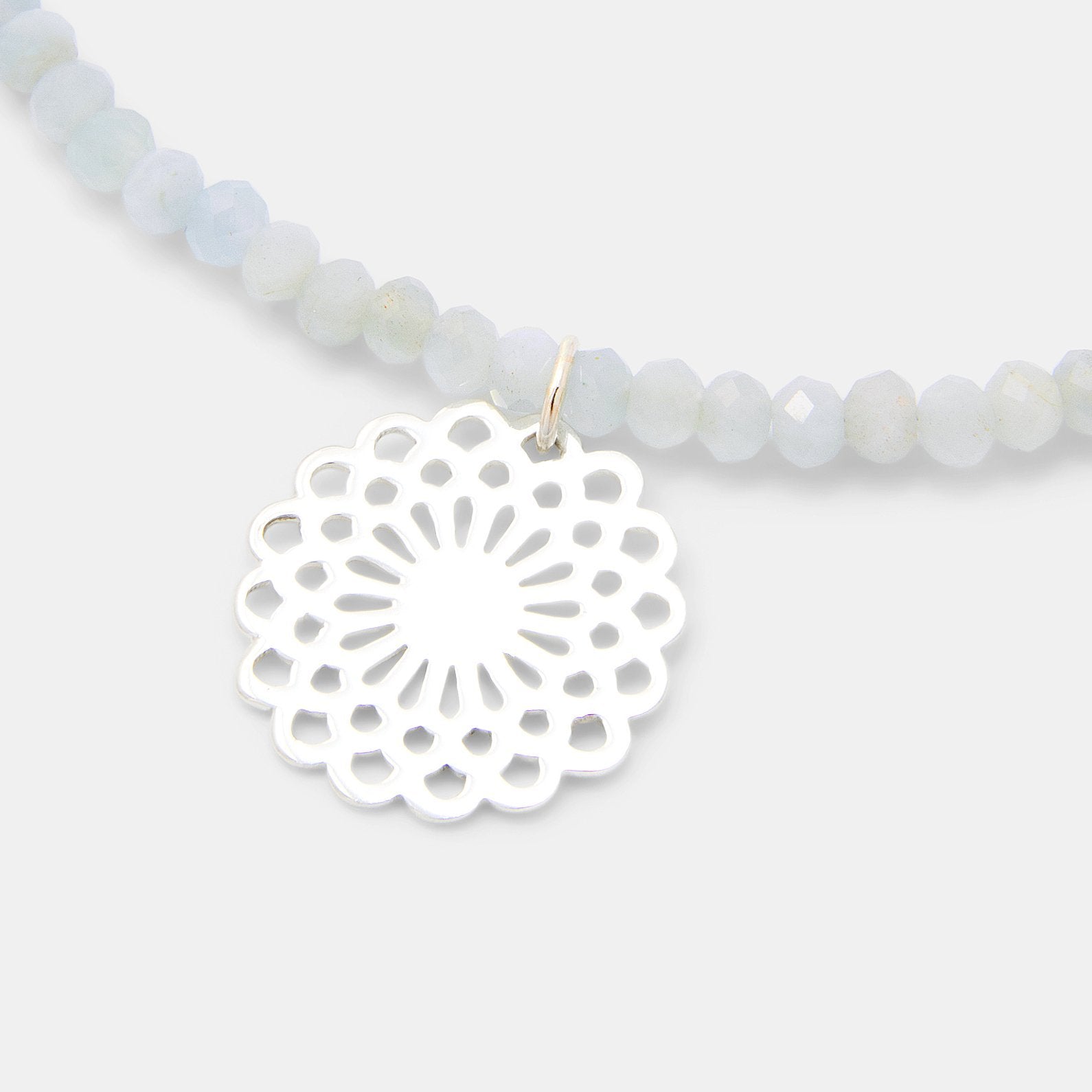 Dahlia Silver Pendant on Aquamarine Beaded Necklace