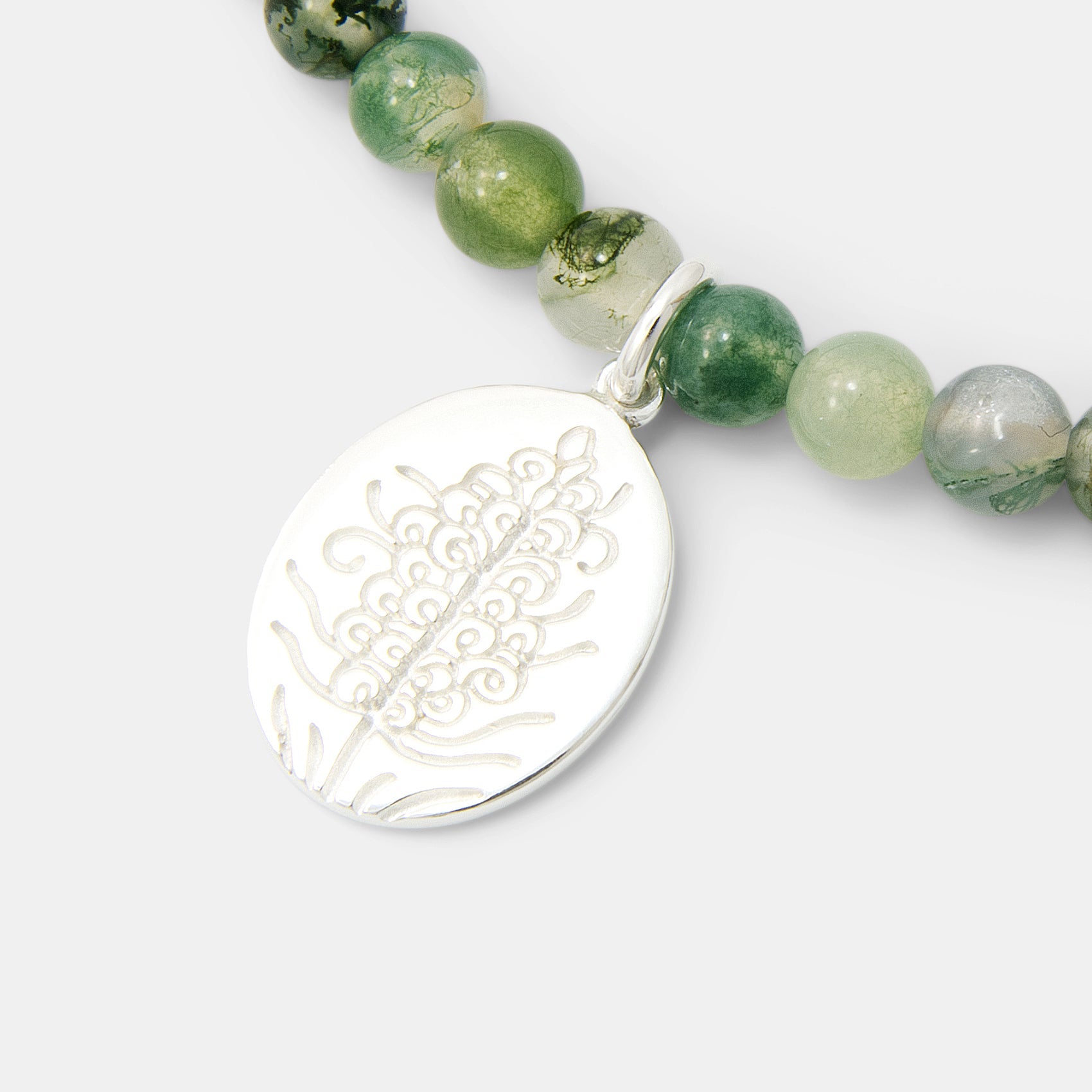 Grevillea Oval Pendant on Moss Agate Beaded Necklace