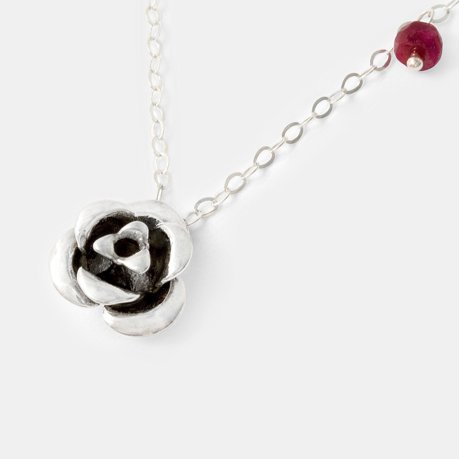 Shapely Rose Silver & Ruby Pendant Necklace