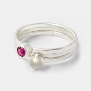 Silver Stacking Rings Set: Ruby & Moonstone