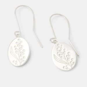Wattle Flower Oval Silver Drop Earrings
